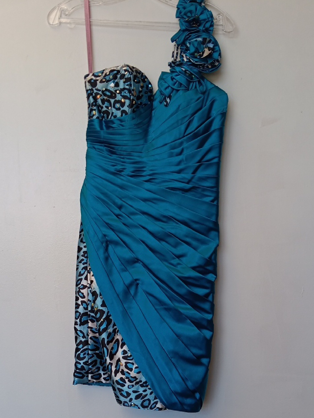 Turquoise One-Shoulder Ruffle & Leopard-Print Party Dress by Blush Prom.